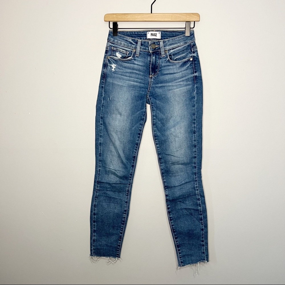 Paige Distressed Raw Hem Verdugo Ankle Jeans in Medium Wash Blue 24 - Picture 1 of 8
